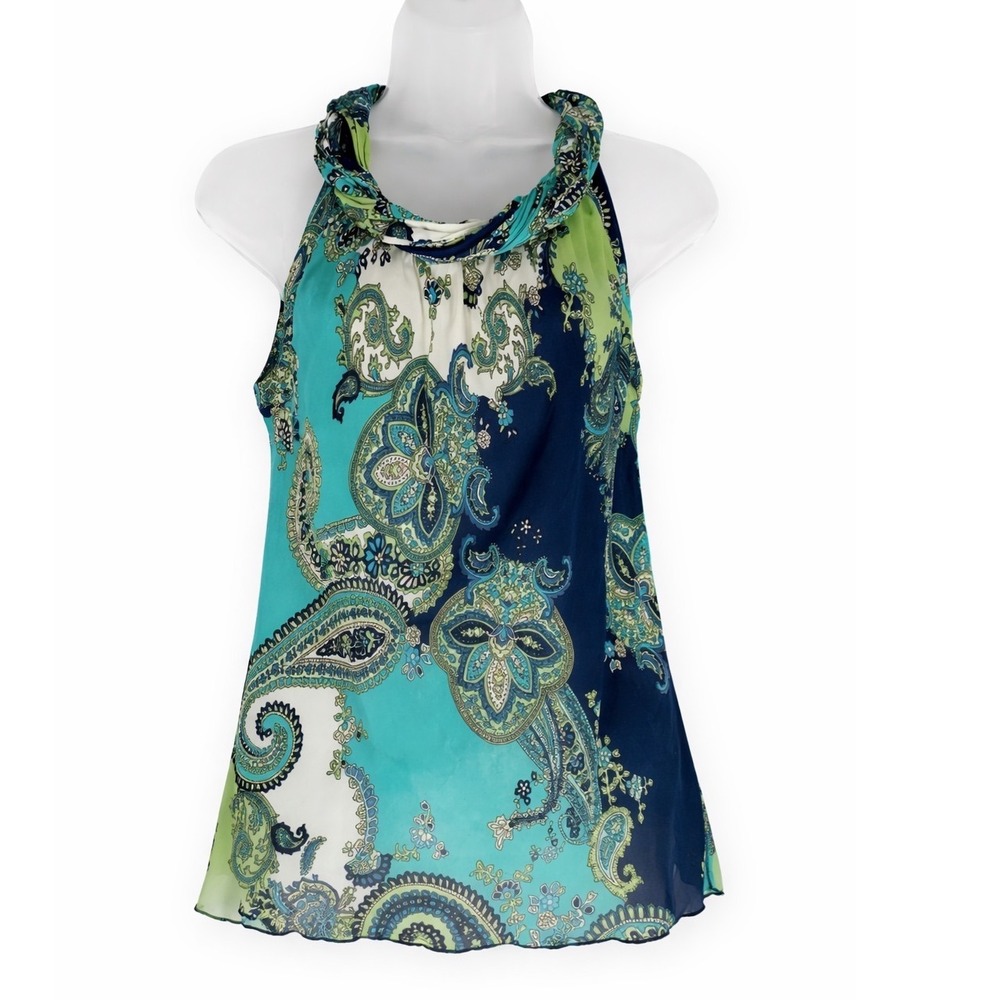 Signature Larry Levine Petite Blue Paisley Halter Blouse Silky Boho Top